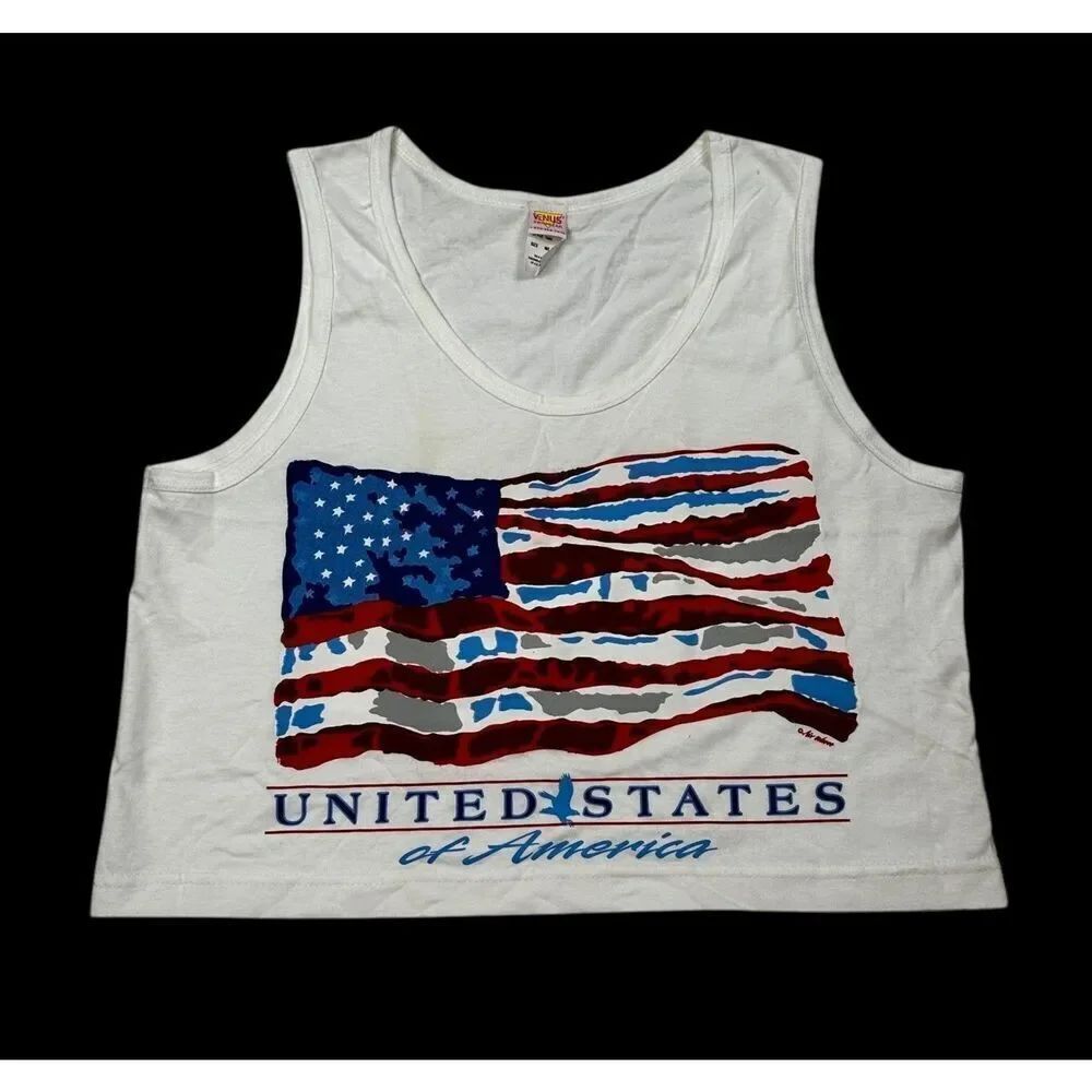 NWOT American Flag USA Cropped Top Red White Blue Womens Shirt Size Medium Large
